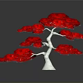 Red Leaf Tree With White Trunk And Reflection On Dark Background