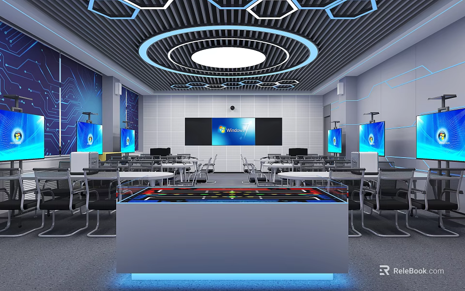 School Modern Technology Classroom with Blue Multimedia Screens Hexagonal Ceiling and Desks 3d model 