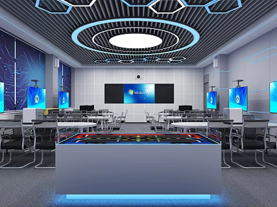 School Modern Technology Classroom with Blue Multimedia Screens Hexagonal Ceiling and Desks 3d model
