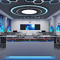School Modern Technology Classroom with Blue Multimedia Screens Hexagonal Ceiling and Desks