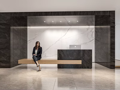 Elegant Modern Office Reception Desk Design With Marble Backdrop And Wooden Bench 3d model