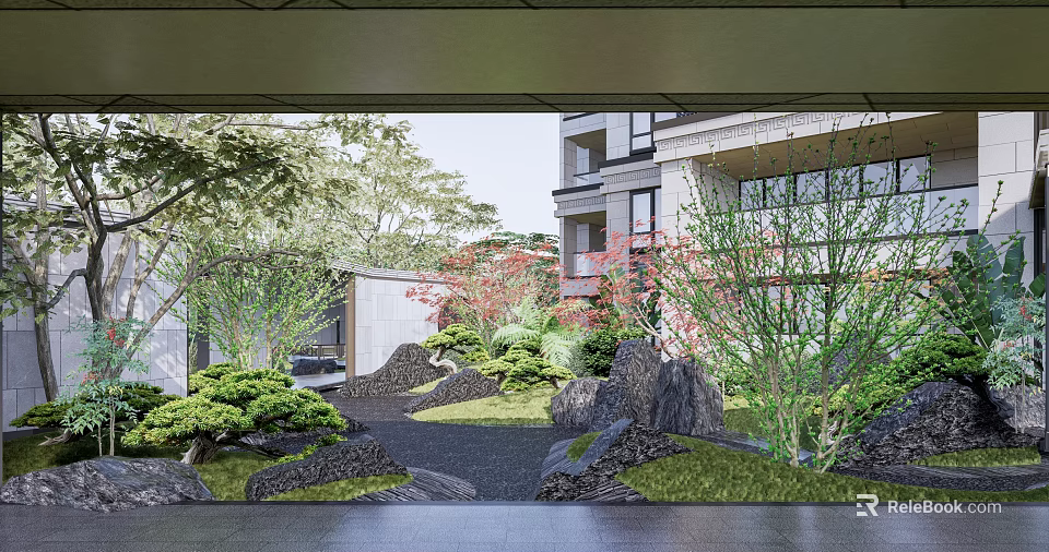 Courtyard Garden with Lush Green Plants Rocks and Trees in Building Background 3d model 