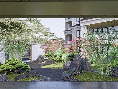Courtyard Garden with Lush Green Plants Rocks and Trees in Building Background 3d model