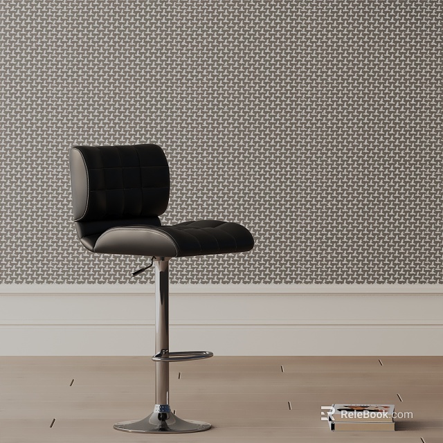 Black Upholstered Bar Stool with Metal Base Against Geometric Patterned Wallpaper on Wooden Floor 3d model 