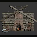 Log Cabin Structure with Crossed Wooden Roof Beams and Interior Fireplace with Burning Fire