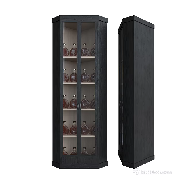 Modern Black Wine Cabinet With Glass Doors And Tiered Shelves Storing Wine Bottles 3d model 