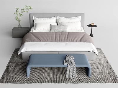 Double Bed Featuring Gray Headboard White Gray Pillows Blue Bench on Gray Rug 3d model