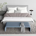 Double Bed Featuring Gray Headboard White Gray Pillows Blue Bench on Gray Rug 3d model