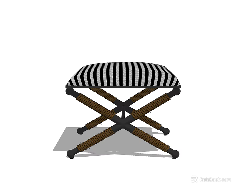 Stylish Stool With Black And White Striped Seat Cushion And Crossed Legs Design 3d model 