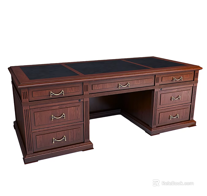 Classic Wooden Desk With Leather Top And Multiple Drawers Traditional Design 3d model 