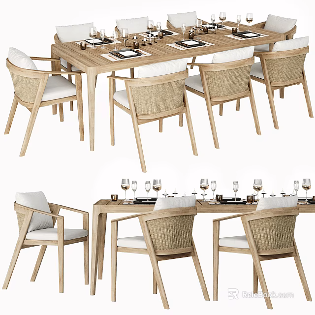 Modern Wooden Dining Table Set With Woven Chairs And Tabletop Glasses 3d model 