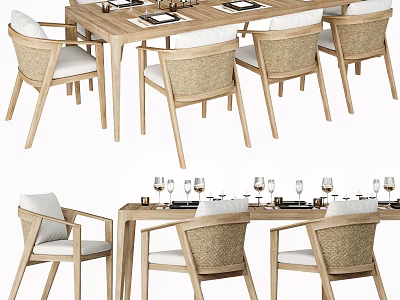 Modern Wooden Dining Table Set With Woven Chairs And Tabletop Glasses 3d model