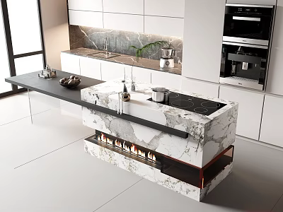 Modern Open Kitchen Interior With Marble Bar Counter Fireplace Feature And White Cabinets 3d model