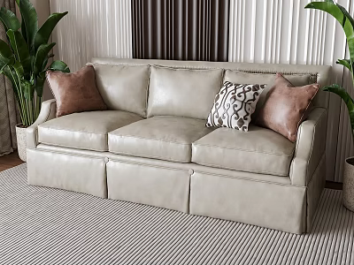 Beige Leather Three Seater Sofa With Decorative Pillows And Potted Plants 3d model