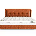 Modern Double Bed With Beige Upholstered Headboard And Spring Mattress