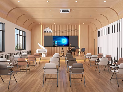 Modern Multipurpose Room With Wooden Walls Rows Of Chairs Large Screen And Piano 3d model