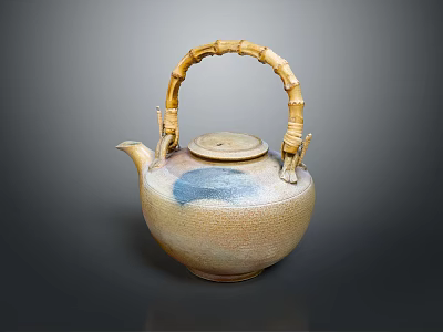 Handcrafted Ceramic Teapot With Bamboo Handle And Blue White Speckled Design For Daily Use 3d model