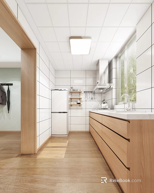 Modern Kitchen Interior With White Tiled Walls Wooden Cabinets Window And Ceiling Light 3d model 