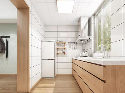 Modern Kitchen Interior With White Tiled Walls Wooden Cabinets Window And Ceiling Light 3d model
