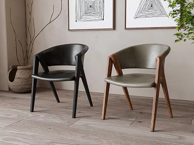 Gray and Black Leather Leisure Chairs with Wooden Legs in Modern Interior with Wall Art 3d model