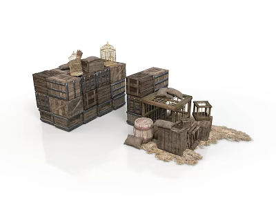 quaint style medieval market stall market stall wooden barrel crate cage chimney thatched roof rural medieval building items 3d model
