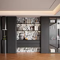 Modern Decorative Cabinet With Zebra Pattern Wall Open Shelves Displaying Books Vases And Decorations