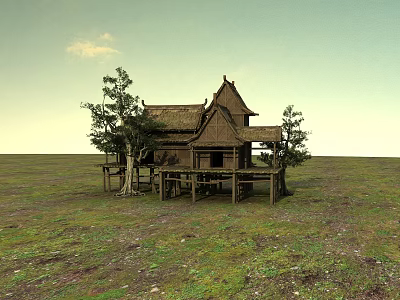 Scenic Traditional Thatched House with Wooden Stilts and Trees in Grassland 3d model