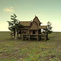 Scenic Traditional Thatched House with Wooden Stilts and Trees in Grassland