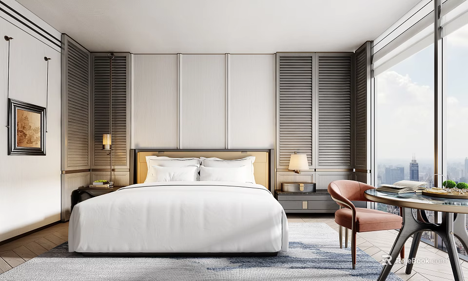 Elegant Hotel Guest Room Featuring Large Bed White Bedding City View And Striped Walls 3d model 