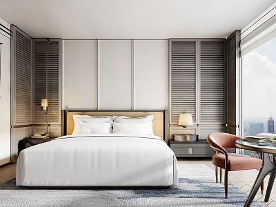 Elegant Hotel Guest Room Featuring Large Bed White Bedding City View And Striped Walls 3d model