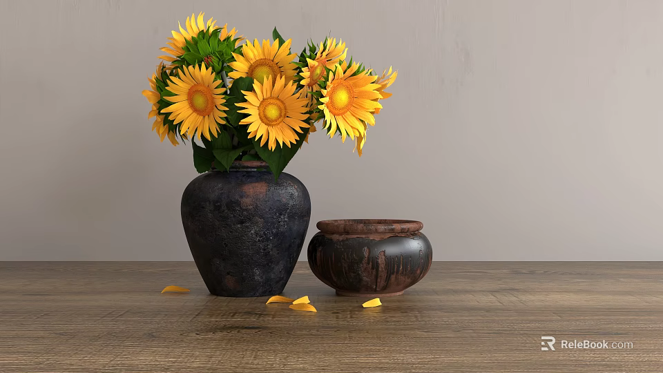 Sunflower Bouquet In Dark Ceramic Vase With Small Clay Pot On Wooden Table 3d model 