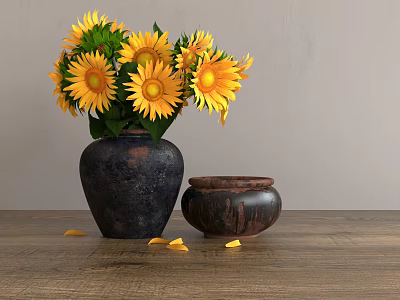 Sunflower Bouquet In Dark Ceramic Vase With Small Clay Pot On Wooden Table 3d model