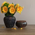Sunflower Bouquet In Dark Ceramic Vase With Small Clay Pot On Wooden Table