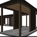 Modern Outdoor Pergola With Slatted Roof And Wooden Columns On Stone Patio Floor