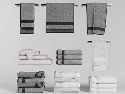 Gray Striped and White Towels Hanging on Racks and Stacked in Bathroom 3d model