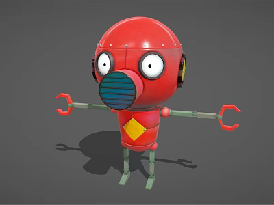 Red Robot With Big Eyes Helmet Head Yellow Diamond Chest Green Arms On Gray Background 3d model