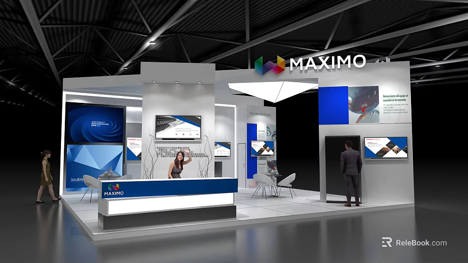 Modern Blue And White Exhibition Booth With Reception Counter And Digital Screens 3d model 