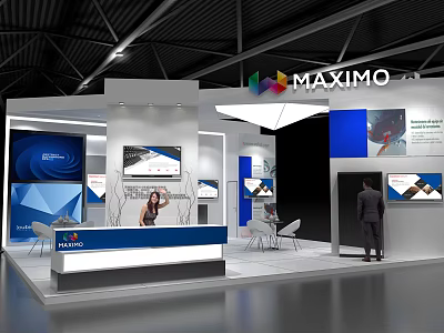 Modern Blue And White Exhibition Booth With Reception Counter And Digital Screens 3d model