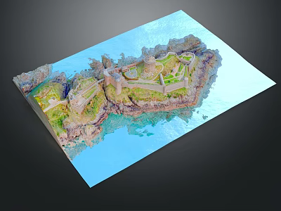 Cartoon Island Scene With Castle Stone Walls Green Grass Rocky Shore And Blue Water 3d model