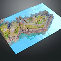 Cartoon Island Scene With Castle Stone Walls Green Grass Rocky Shore And Blue Water
