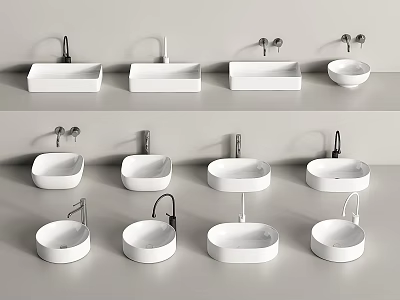 Collection of Different White Washbasin Styles with Faucet Designs 3d model