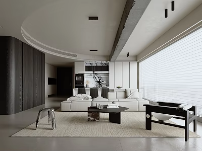 Modern Living Room Interior With Curved Design White Sofa Coffee Table Large Window Blinds 3d model
