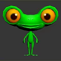 Green Frog Cartoon Character With Big Yellow Eyes On Gray Background