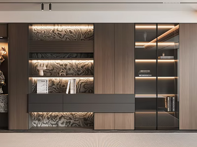 Modern Wooden Bookcase With Built in LED Lighting Glass Door Design And Decorative Panels 3d model