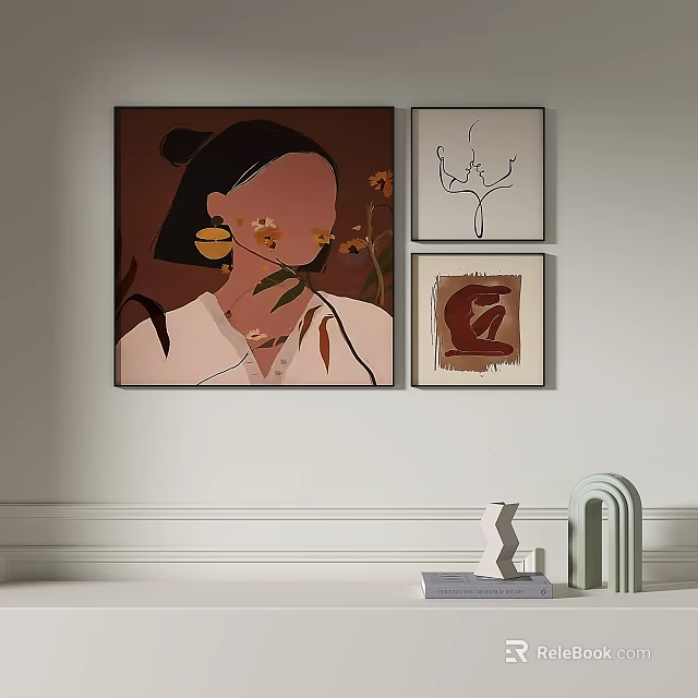 Abstract Paintings Set With Female Silhouette Floral Elements And Geometric Designs For Wall Decor 3d model 