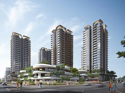 Modern High Rise Residential Buildings With Greenery Pedestrian Area And Road Surroundings 3d model