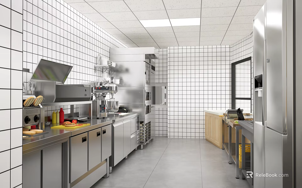 Professional Kitchen With Stainless Steel Kitchenware White Tiled Walls And Worktables 3d model 
