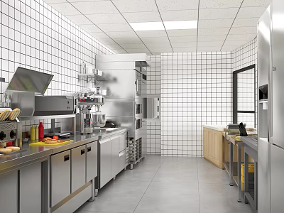 Professional Kitchen With Stainless Steel Kitchenware White Tiled Walls And Worktables 3d model
