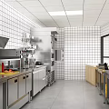 Professional Kitchen With Stainless Steel Kitchenware White Tiled Walls And Worktables