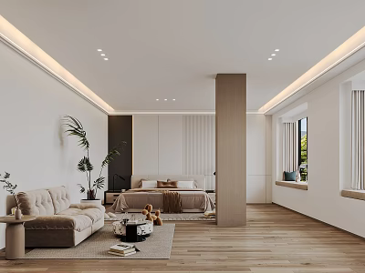 Modern Bedroom Interior With Beige Sofa Bed Plants Windows White Walls And Wooden Floors 3d model